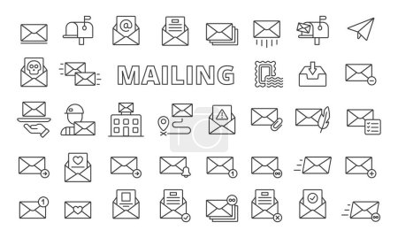 Téléchargez les illustrations : Icônes d'envoi dans la conception de ligne. Enveloppe, courrier, entreprise, e-mail, lettre, adresse, envoyer, recevoir, boîte de réception icônes de suivi boîte de réception isolé sur fond blanc vecteur - en licence libre de droit