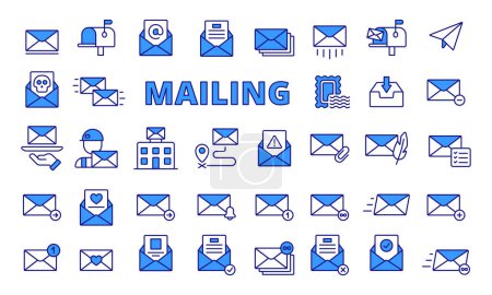 Téléchargez les illustrations : Icônes d'envoi en ligne design bleu. Enveloppe, courrier, entreprise, courriel, lettre, adresse, envoi, réception, boîte de réception, icônes de suivi de boîte aux lettres isolées sur un vecteur de fond blanc - en licence libre de droit