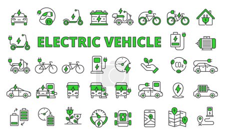 Illustration for Electric vehicle icons set in line design green. Business, scooter, electric car, battery, electric motor, charge, charging station vector illustrations. Electric vehicle icons. - Royalty Free Image