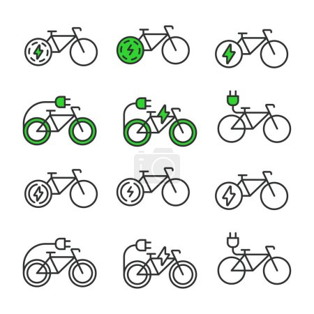 Ilustración de Iconos de bicicleta eléctrica establecidos en verde de diseño de línea. Negocio, batería, motor eléctrico, carga, bicicleta, batería, recarga, ilustraciones rápidas del vector de la bicicleta. Iconos del vehículo eléctrico carrera editable - Imagen libre de derechos