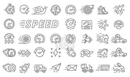 Illustration for Speed icons set in line design. Fast, Speedometer, Rapid, Quick, Slow, Low speed, Run, Velocity, Turbo, Arrows, Quickness High speed vector illustrations Editable stroke icons - Royalty Free Image