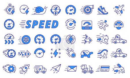 Illustration for Speed icons set in line design blue. Fast, Speedometer, Rapid, Quick, Slow, Low speed, Run, Velocity, Turbo, Arrows, Quickness High speed vector illustrations Editable stroke icons - Royalty Free Image