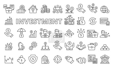 Investment icons set in line design. Business, Finance, Wealth, Growth, Income, Money, Investor, Portfolio, Risk, Inflation Bond Interest Strategy vector illustrations Editable stroke icons