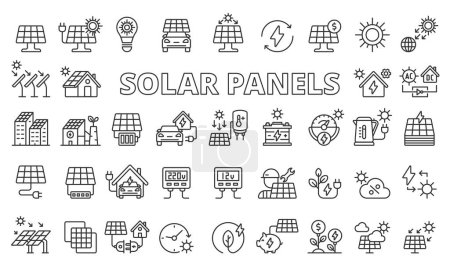 Illustration for Solar panels icon set in line design. Energy, Green, Electricity, Charging, Solar Farm, Sun, Panel vector illustrations. Editable stroke icons - Royalty Free Image