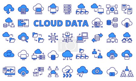 Illustration for Cloud data icon set in line design. Data, Storage, Upload, Download, Server, Backup, Files vector illustrations. Editable stroke icons. - Royalty Free Image
