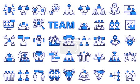 Illustration for Team icon set in line design blue. Team work, Collaboration, Group, Unity, Partnership, Cooperation, Together, Synergy, Workgroup vector illustrations Editable stroke icons - Royalty Free Image