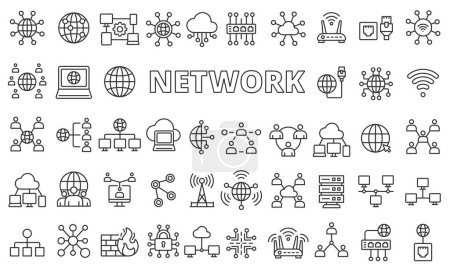 Téléchargez les illustrations : Icône réseau définie dans la conception de ligne. Net, icône, global, cloud, ordinateur, illustrations vectorielles Icônes d'AVC modifiables - en licence libre de droit