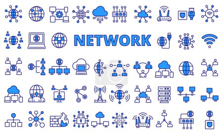 Téléchargez les illustrations : Icône réseau définie dans la conception de ligne. Net, icône, global, cloud, ordinateur, illustrations vectorielles Icônes d'AVC modifiables - en licence libre de droit