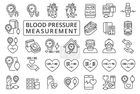 Illustration for Blood Pressure Measurement icon set in line design. Hypertension, Hypotension, Systolic Pressure, Diastolic Pressure, Medical vector illustrations. Blood Pressure icons, editable stroke - Royalty Free Image