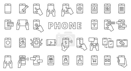 Illustration for Phone in a hand icon set line design. Smartphone, Phone, phone icon, Call, NFC, Core, Contact, Screen, Message, Chat, Device vector illustrations Phone editable stroke icons - Royalty Free Image