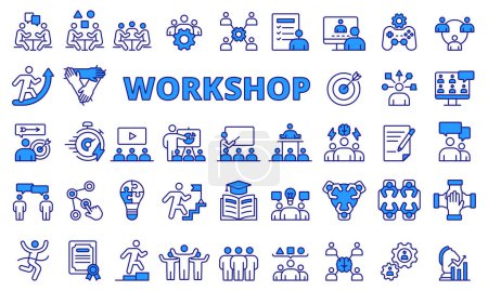 Illustration for Workshop icon set in line design blue. Training, Learning, Skills, Education, work, Business vector illustrations. Workshop editable stroke icons - Royalty Free Image