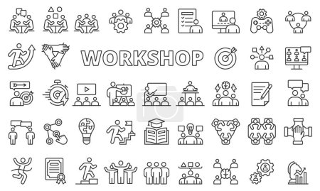 Illustration for Workshop icon set in line design. Training, Learning, Skills, Education, work, Business vector illustrations. Workshop editable stroke icons - Royalty Free Image