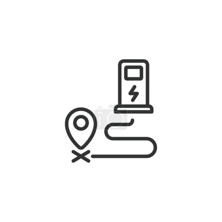 Illustration for EV station gps icon. Electric car battery energy charging spot location line icon. EV terminal pin map point. Editable stroke. Vector illustration. - Royalty Free Image