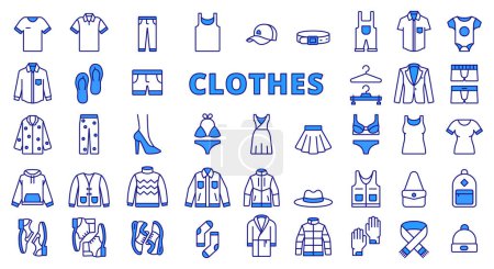 Photo for Clothes icon set line design blue. T-shirt, hoodie, sweater, jacket, shoes, cardigan, hat, scarf, mittens, jacket, dress coat vector illustrations Clothes editable stroke icons - Royalty Free Image