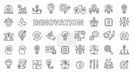 Ilustración de Icono de innovación conjunto diseño de línea. Innovación, idea, creatividad, startup, desarrollo, trabajo en equipo, invención, evolución, revolución ilustraciones de vectores de negocio - Imagen libre de derechos