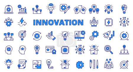 Ilustración de Icono de innovación set line design blue. Innovación, idea, creatividad, startup, desarrollo, trabajo en equipo, invención, evolución, revolución ilustraciones de vectores de negocio - Imagen libre de derechos