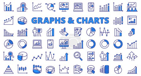 Illustration for Graphs and charts icon line design blue. Business graph, chart, data, diagram, statistic, pie chart, data visualization vector illustrations. Graphs and charts editable stroke icons - Royalty Free Image
