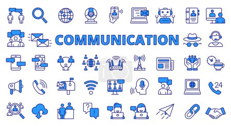 Illustration for Communication icons line design blue. Connection, Network, Team, Video call, Contact, Correspondence vector illustrations. Graphs and charts editable stroke icons - Royalty Free Image