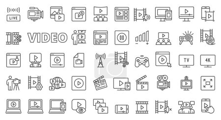Illustration for Video icons in line design. Vlog, movie, motion, play, video editor, media, creation, videography, content, multimedia isolated on white background vector. Video editable stroke icon - Royalty Free Image