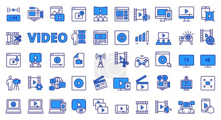 Illustration for Video icons in line design blue. Vlog, movie, motion, play, video editor, media, creation, videography, content, multimedia isolated on white background vector. Video editable stroke icon - Royalty Free Image