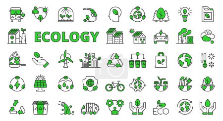 Téléchargez les illustrations : Icônes de l'écologie dans la conception de ligne verte. Environnement, vert, durabilité, écosystème, respectueux de l'environnement, terre, énergie verte, environnement isolé sur fond blanc vecteur. Ecologie icône d'AVC modifiable - en licence libre de droit