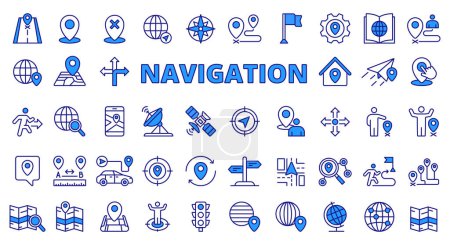 Illustration for Navigation Location icons in line design blue. Map, destination, place, point, GPS, distance, destination, navigation, road, way, transport waypoint icons isolated on white background vector - Royalty Free Image