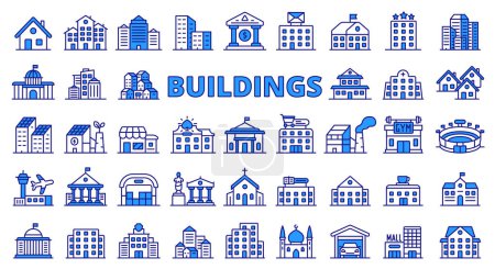 Illustration for Buildings icons line design blue. House, city, architecture, cityscape, office, bank, hospital, store, factory home vector illustrations Buildings editable stroke icons - Royalty Free Image
