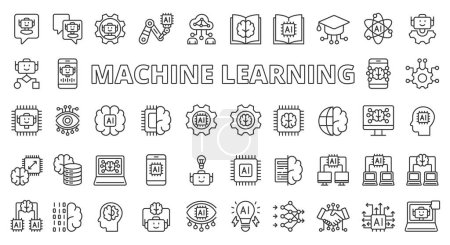 Illustration for Machine learning icons line design. Machine, learning, ai, ml, artificial, deep learning, chip, brain, neuron, analysis, intelligence vector illustrations Machine learning editable stroke icons - Royalty Free Image