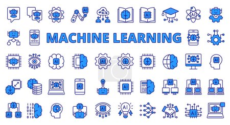 Iconos de aprendizaje automático línea de diseño azul. Máquina, aprendizaje, ai, ml, artificial, aprendizaje profundo, chip, cerebro, neurona, análisis, ilustraciones de vectores de inteligencia