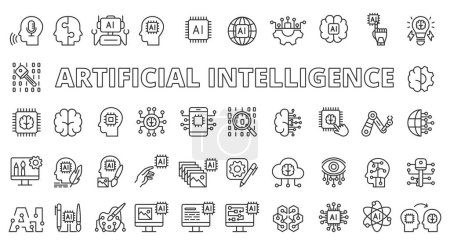 Téléchargez les illustrations : Conception de ligne d'icônes AI. Apprentissage profond, intelligence artificielle, intelligence artificielle, IA générative, IA artificielle, dessin, réseau neuronal, illustrations vectorielles chatbot. Icônes de course modifiables AI - en licence libre de droit