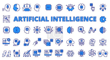 Illustration for AI icons line design blue. Deep learning, artificial intelligence, intelligence, generative AI, artificial, drawing AI, neural network, chatbot vector illustrations. AI editable stroke icons - Royalty Free Image
