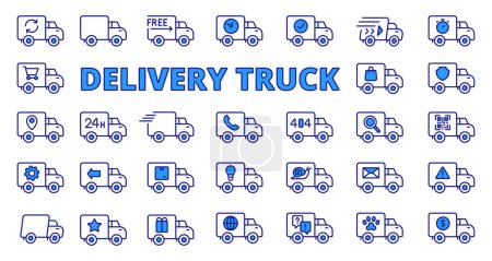 Téléchargez les illustrations : Icônes de camion de livraison en ligne design bleu. Logistique, expédition, rapide, cargaison, navire, van isolé sur fond blanc vecteur. Camion de livraison icône course modifiable - en licence libre de droit