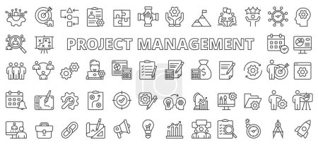 Illustration for Project management icons in line design. Business, work, office, analysis, plan, development, digital, chart, process isolated on white background vector. Project management editable stroke icon - Royalty Free Image