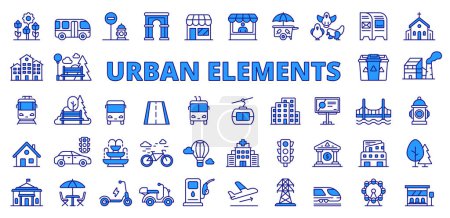 Illustration for Urban icons in line design blue. City, country, town, infrastructure, travel, shop, tourism, map isolated on white background vector. Urban city editable stroke icon - Royalty Free Image
