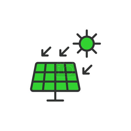 Ilustración de Panel solar con el icono del sol en verde diseño de línea. Panel, sol, energía, renovables, fotovoltaica, electricidad, energía solar aislada en el vector de fondo blanco. Panel solar icono de carrera editable - Imagen libre de derechos