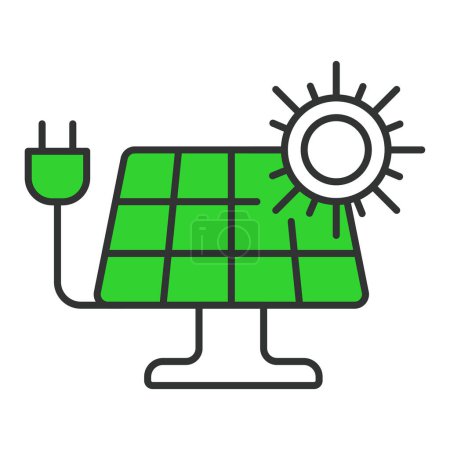 Ilustración de Panel solar con el sol y el icono de enchufe en línea de diseño verde. Panel, sol, energía, renovables, fotovoltaica, electricidad, energía solar aislada en el vector de fondo blanco. Panel solar icono de carrera editable - Imagen libre de derechos