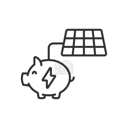 Illustration for Saving solar energy icon in line design. Saving, solar, energy, power bank, pig, power, station, piggy bank isolated on white background vector. Saving solar energy editable stroke icon - Royalty Free Image