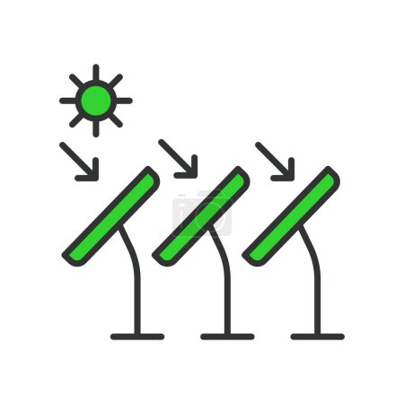Illustration for Sun to solar panel icon in line design green. Sun, solar, panel, energy, photovoltaic, electricity, renewable, sunlight isolated on white background vector. Sun to solar panel editable stroke icon - Royalty Free Image
