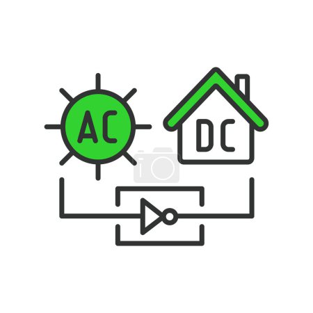Illustration for AC DC solar systems icons in line design green. AC, DC, solar, systems, energy, technology, power, electricity, renewable isolated on white background vector. AC DC solar systems editable stroke icon - Royalty Free Image