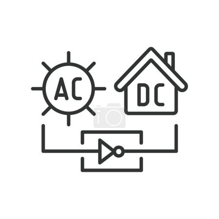 Ilustración de Iconos de sistemas solares AC DC en diseño de línea. AC, DC, solar, sistemas, energía, tecnología, energía, electricidad, renovables aislados en el vector de fondo blanco. AC DC sistemas solares icono de carrera editable - Imagen libre de derechos