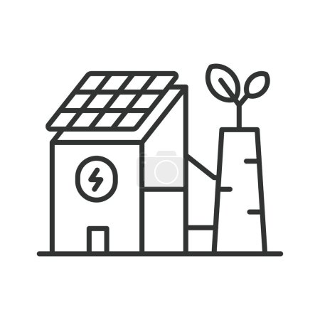 Téléchargez les photos : Eco usine avec une pile solaire icônes dans la conception de la ligne. Eco, plante, solaire, batterie, énergie, renouvelable isolé sur fond blanc vecteur. Eco plante avec une icône de course modifiable par batterie solaire - en image libre de droit
