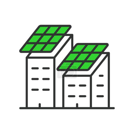 Téléchargez les illustrations : Panneaux solaires sur une icône de bâtiment en ligne design vert. Solaire, panneaux, bâtiment, énergie, électricité, renouvelable isolé sur fond blanc vecteur. Panneaux solaires sur une icône de course modifiable - en licence libre de droit