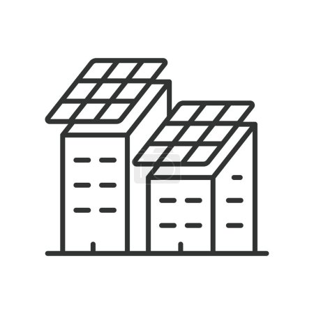 Téléchargez les illustrations : Panneaux solaires sur une icône de bâtiment dans la conception de ligne. Solaire, panneaux, bâtiment, énergie, électricité, renouvelable isolé sur fond blanc vecteur. Panneaux solaires sur une icône de course modifiable - en licence libre de droit