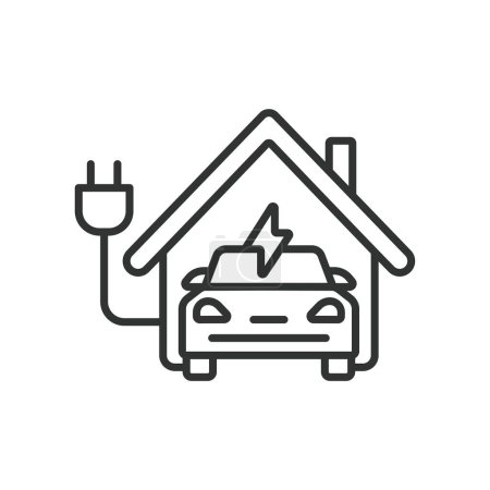 Electric Car Charging at Home icon line design. Car, home, charge, vehicle, ev, electric, charger, isolated on white background vector. Electric Car Charging at Home editable stroke icon