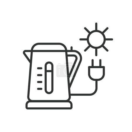 Ilustración de Icono de la caldera solar en el diseño de línea. Hervidor, icono, agua, calor, sol, energía, ebullición, caliente, portátil aislado en el vector de fondo blanco. Solar Kettle icono de golpe editable - Imagen libre de derechos