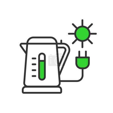Ilustración de Icono de la caldera solar en línea de diseño verde. Hervidor, icono, agua, calor, sol, energía, ebullición, caliente, portátil aislado en el vector de fondo blanco. Solar Kettle icono de golpe editable - Imagen libre de derechos