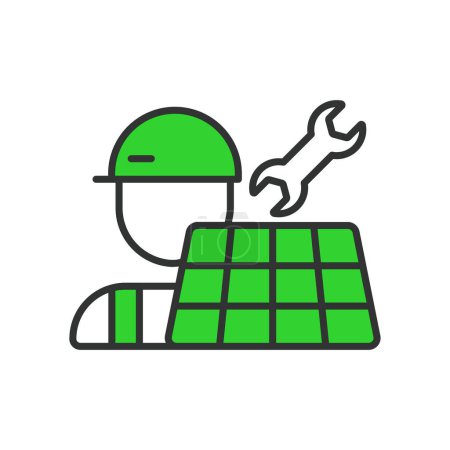 Illustration for Solar Energy Installation and Maintenance icon in line design, green. Solar, installation, system, isolated on white background vector. Solar Energy Installation and Maintenance editable stroke icon - Royalty Free Image