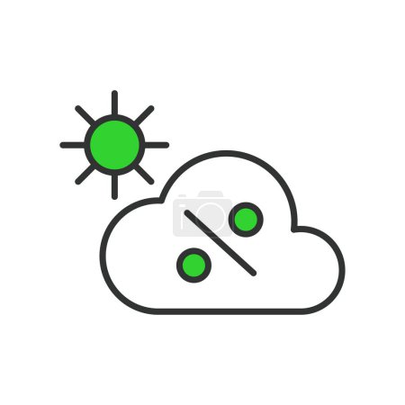 Illustration for Cloud percentage solar panels icon in line design, green. Cloud, percentage, solar, panels, weather, efficiency isolated on white background vector. Cloud percentage solar panels editable stroke icon - Royalty Free Image