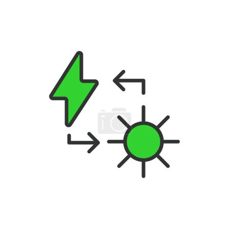 Ilustración de Conversión de la luz solar en icono de la electricidad en el diseño de línea, verde. Conversión, luz solar, electricidad, energía aislada en el vector de fondo blanco. Convertir la luz solar en electricidad, icono de golpe editable - Imagen libre de derechos