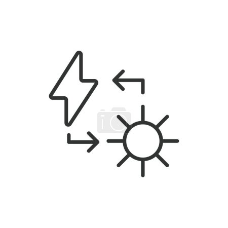 Umwandlung von Sonnenlicht in Elektrizitätssymbole im Liniendesign. Umwandlung, Sonnenlicht, Elektrizität, Energie isoliert auf weißem Hintergrundvektor. Sonnenlicht in Elektrizität umwandeln, editierbares Schlagsymbol